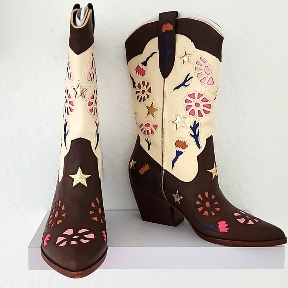 Dolce Vita NIB Women's Lassie Espresso Leather Embroidered Western Boots. Size 9 - Picture 2 of 11